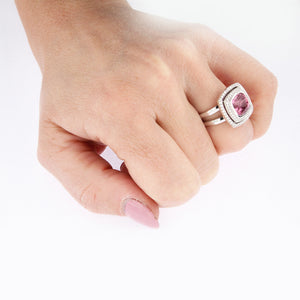 White Golden Ring set with 5.08 Carat Cushion Cut Pink Spinel and Diamonds