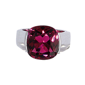 White Golden solitaire Ring set with 11.5 Carat Cherry Rubelite Cushion