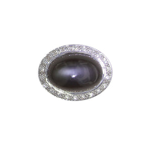 White Golden Ring set with 13,27 Carat Black Moonstone and Diamonds