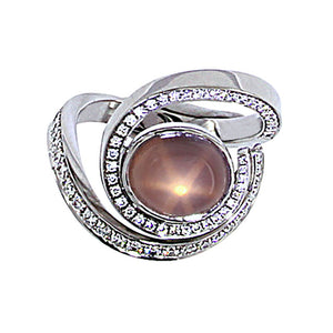 White Golden Ring set with 3.04 Carat Rose Quartz with Star Effect and Diamonds